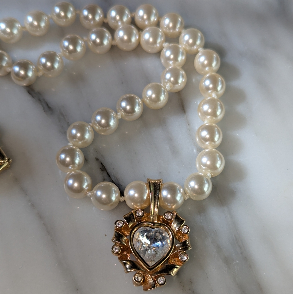 Vintage Swarovski Elegant Pearl Necklace with Gold Heart Pendant w Crystals